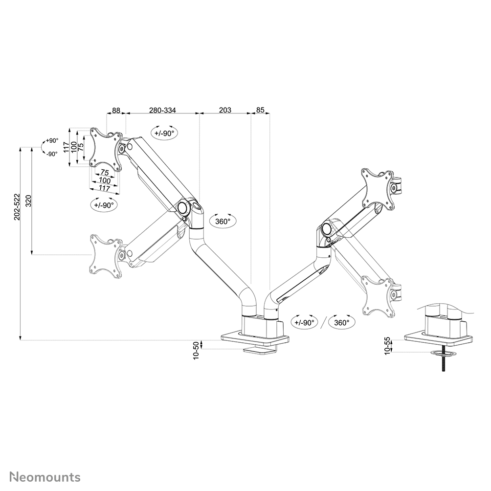 Neomounts DS70S-950BL2 Brazo de monitor 17-35" - resorte de gas - Topfix - Tope-a-180°